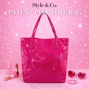Style & Co Patent Pink Tote Bag Large Glossy Barbiecore Shoulder Bag